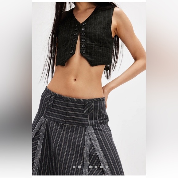 Free People Amelia Midi Skirt Pinstripe Pattern Frayed Seam Grey Combo - Picture 3 of 9